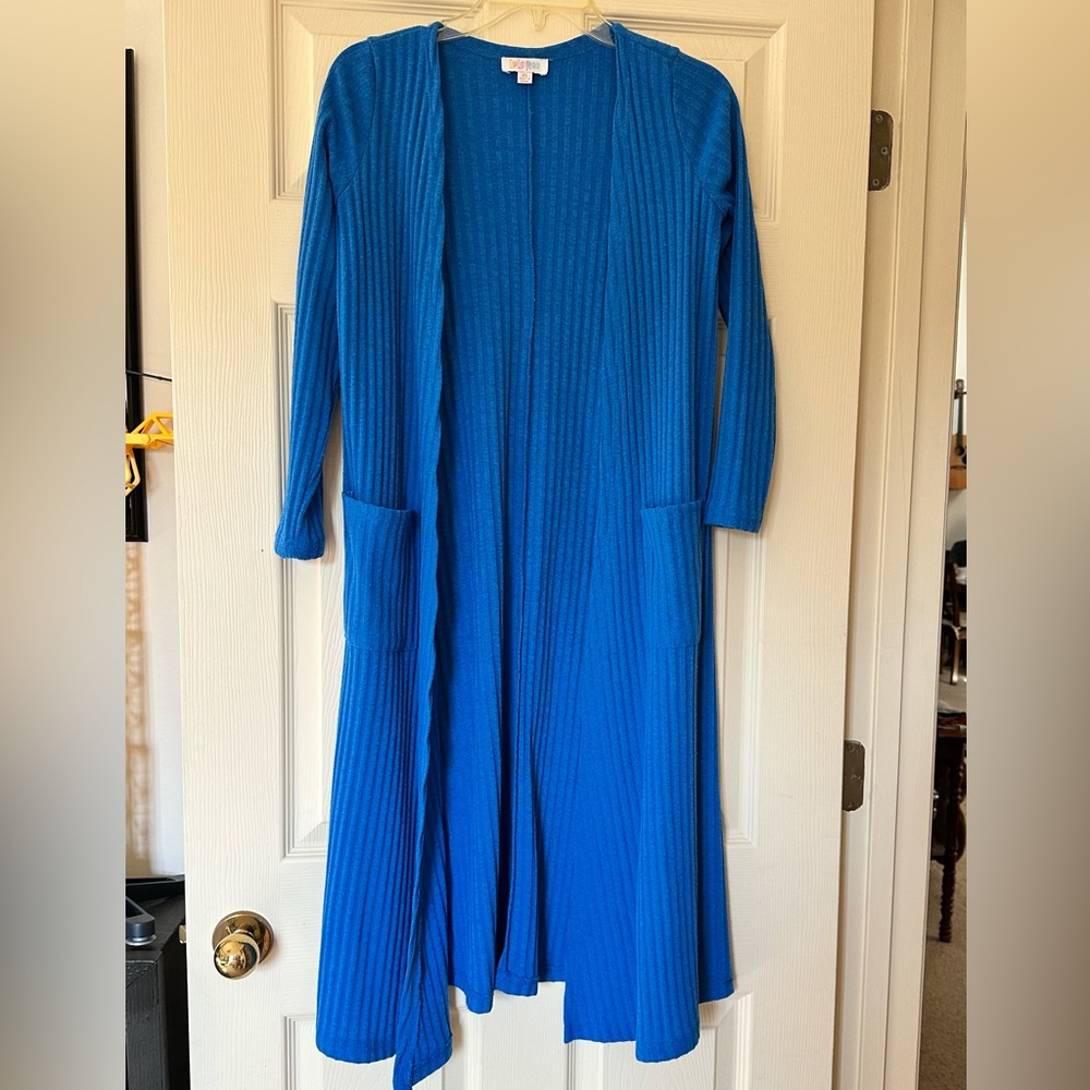 LuLaRoe long duster cardigan, size XS bright blue. UK wildcat blue with pockets